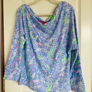 Lilly Pulitzer Sheera one shoulder top. XL.NWT Blue Peri. turtle package print.